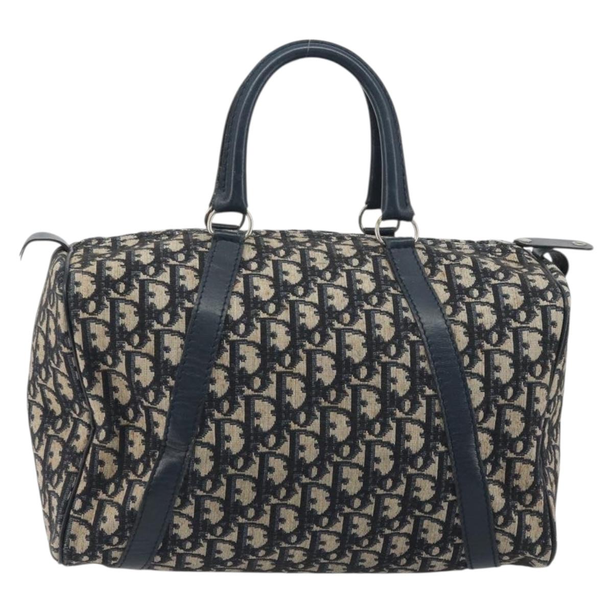 Christian Dior Trotter Canvas Boston Bag Navy Silver Auth 193104