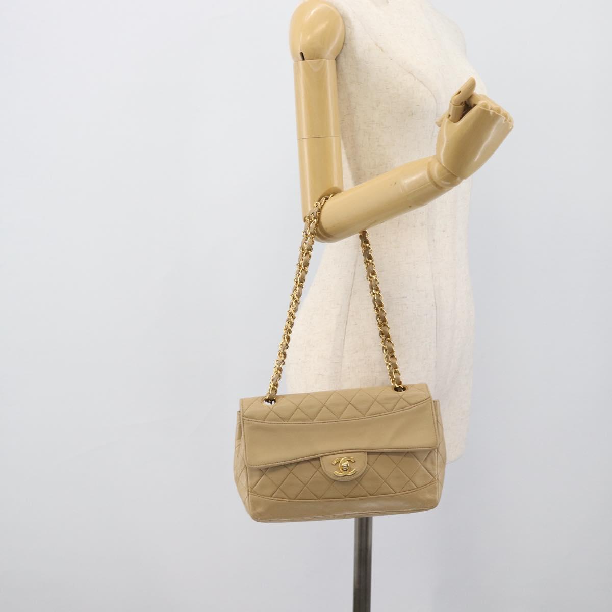 CHANEL Matelasse Chain Shoulder Bag Lamb Skin Beige Gold CC Auth 193105A