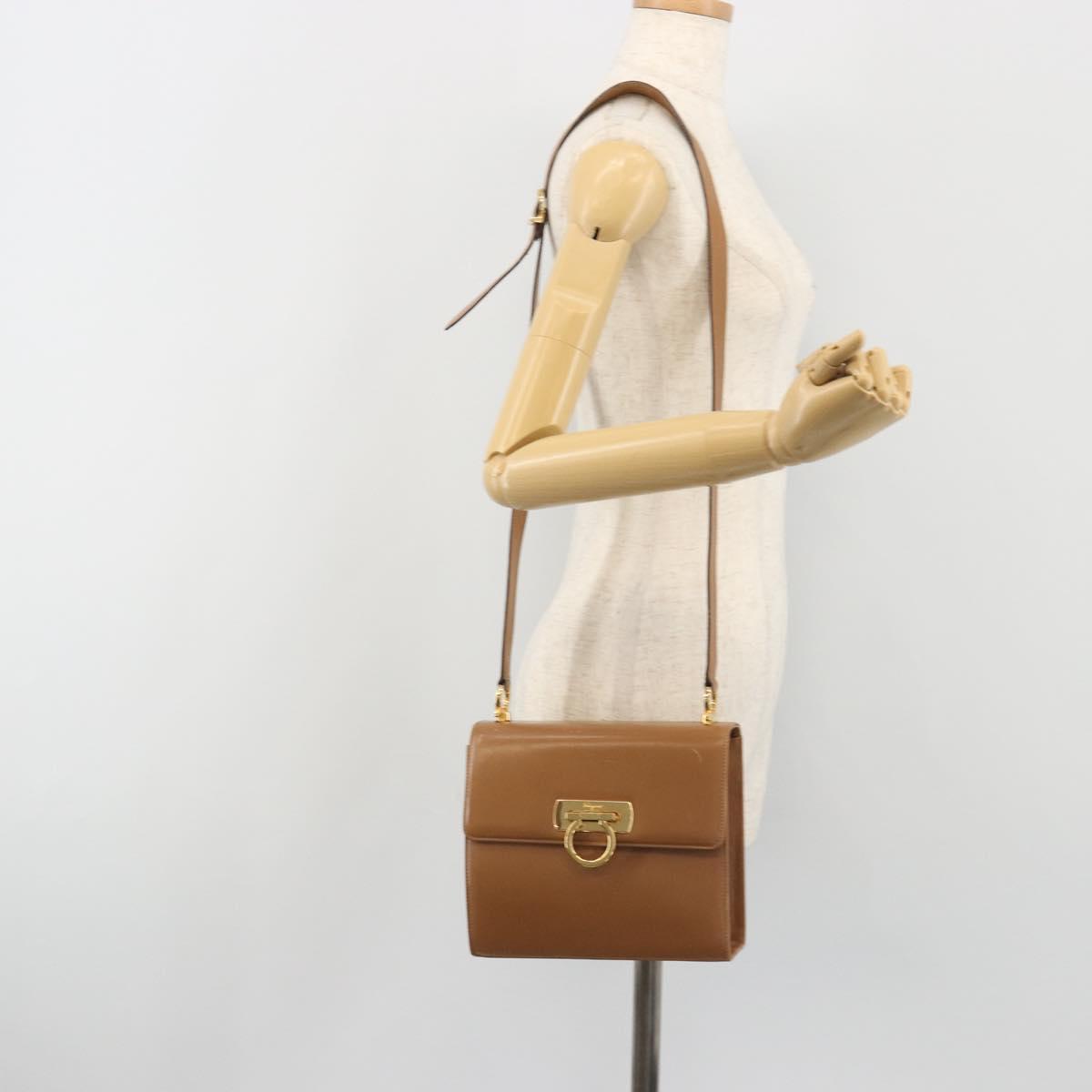 Salvatore Ferragamo Gancini Shoulder Bag Leather Brown Gold Auth 193110