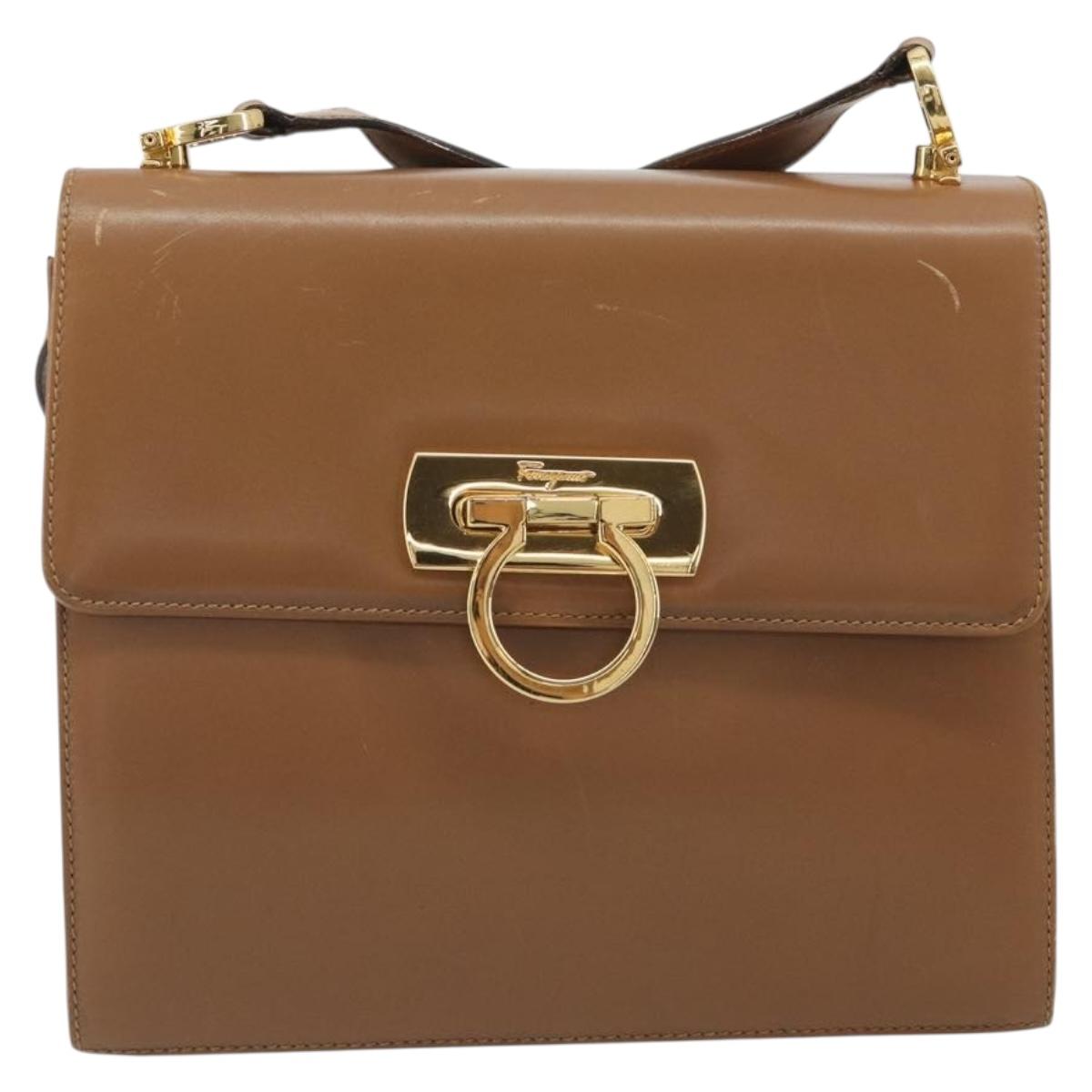 Salvatore Ferragamo Gancini Shoulder Bag Leather Brown Gold Auth 193110