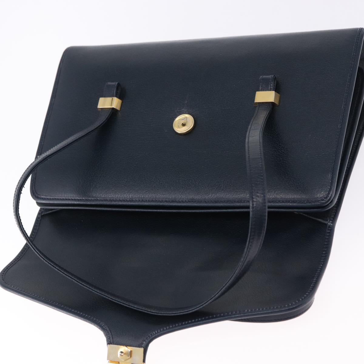 Christian Dior Hand Bag Leather Navy Gold Auth 193114