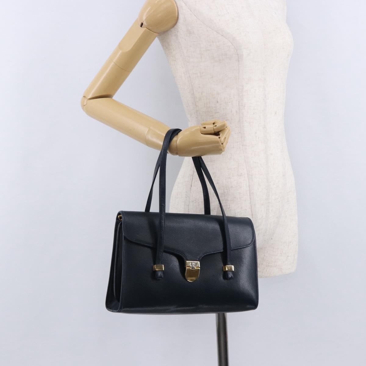 Christian Dior Hand Bag Leather Navy Gold Auth 193114