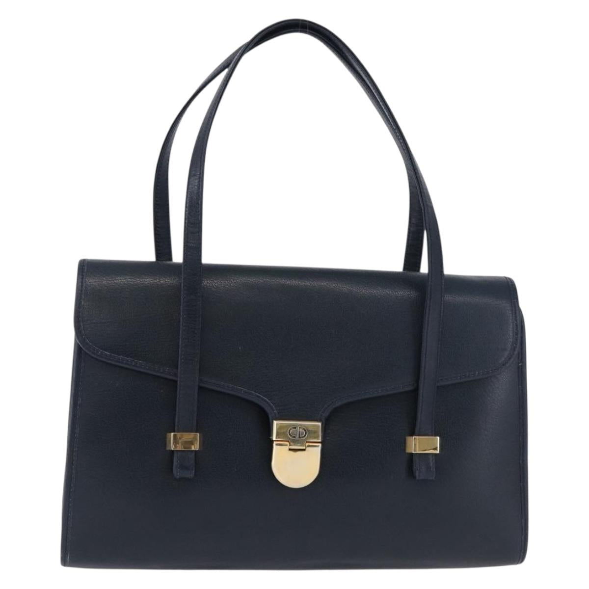 Christian Dior Hand Bag Leather Navy Gold Auth 193114
