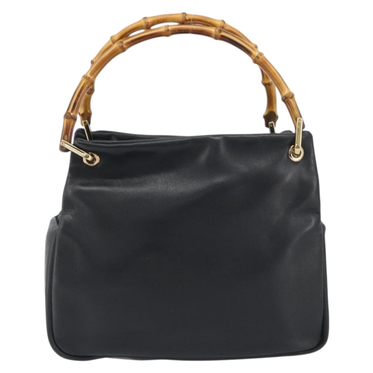 GUCCI Bamboo Hand Bag Leather Black Gold 000 2865 0575 Auth 193128
