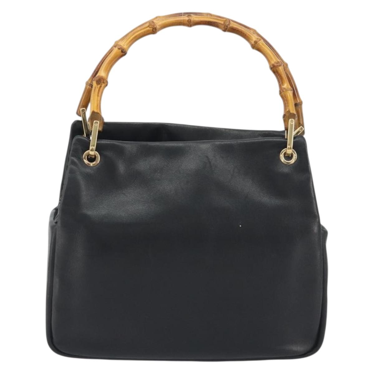 GUCCI Bamboo Hand Bag Leather Black Gold 000 2865 0575 Auth 193128