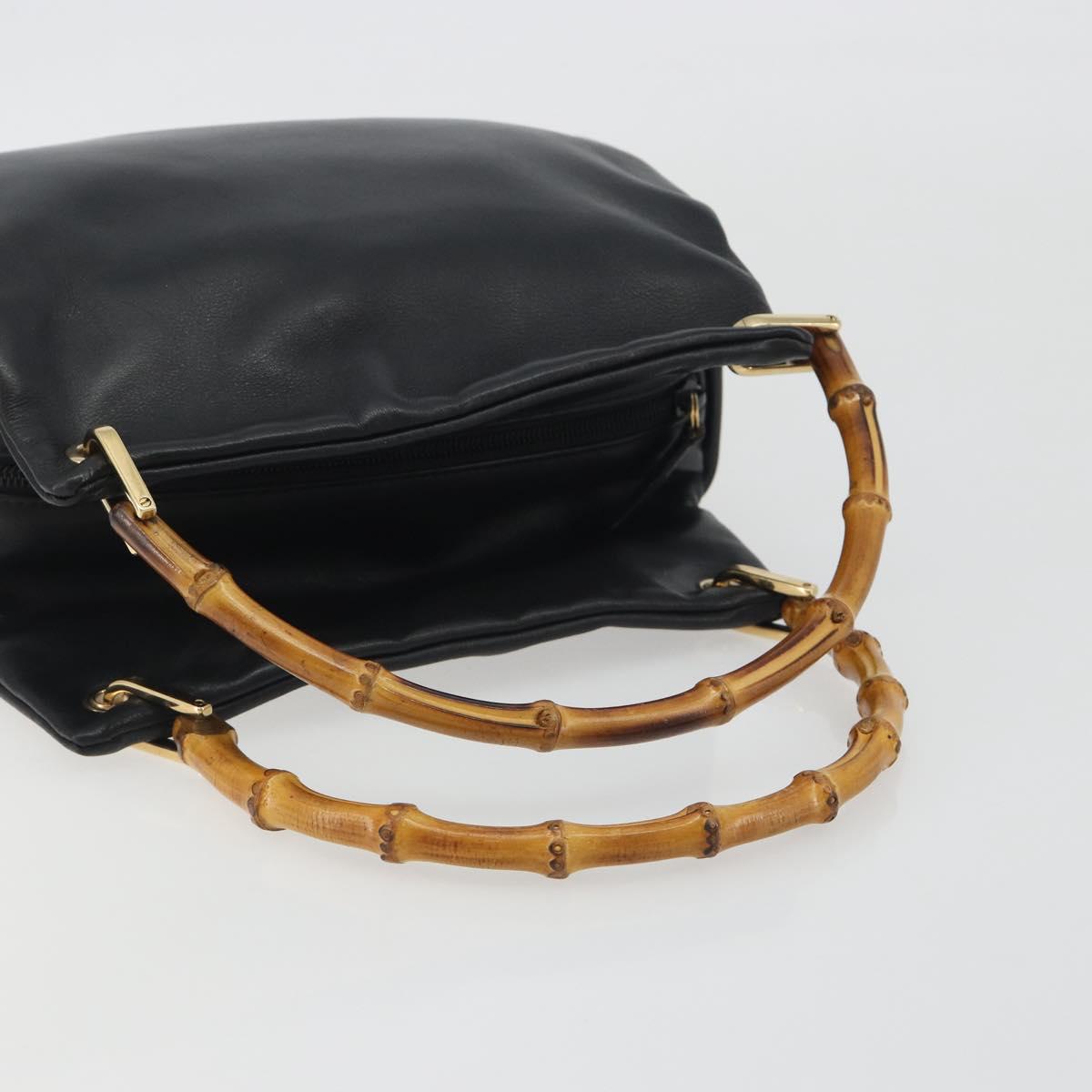 GUCCI Bamboo Hand Bag Leather Black Gold 000 2865 0575 Auth 193128