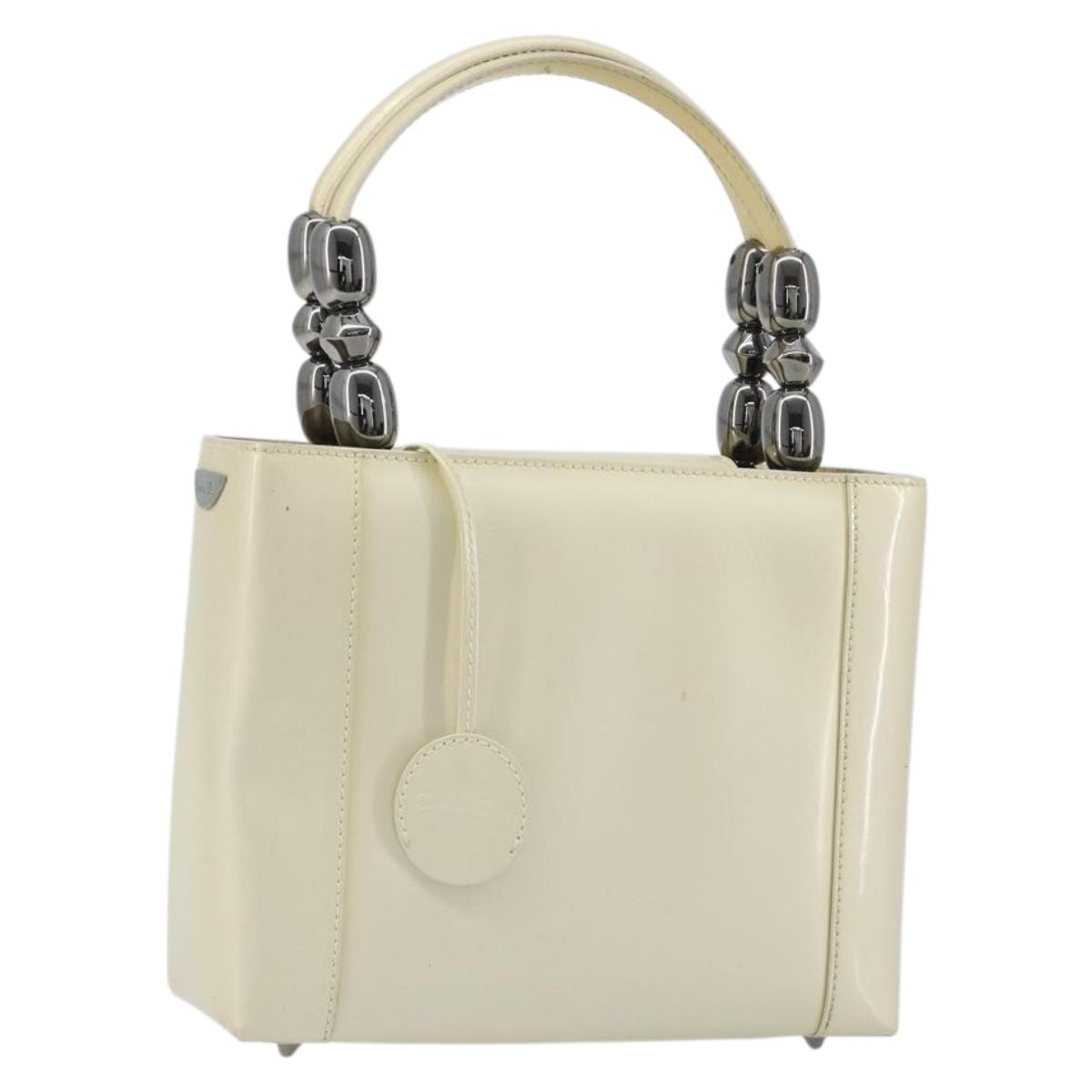 Christian Dior Maris Pearl Hand Bag Patent leather White Silver Auth 193129A