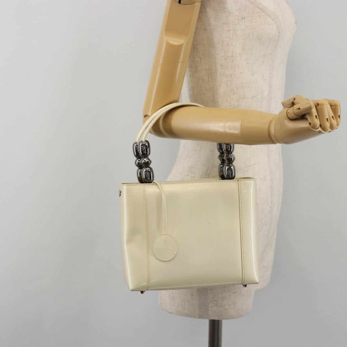 Christian Dior Maris Pearl Hand Bag Patent leather White Silver Auth 193129A