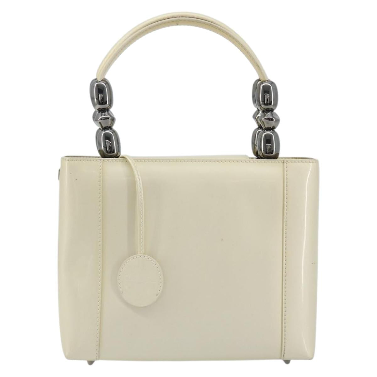 Christian Dior Maris Pearl Hand Bag Patent leather White Silver Auth 193129A