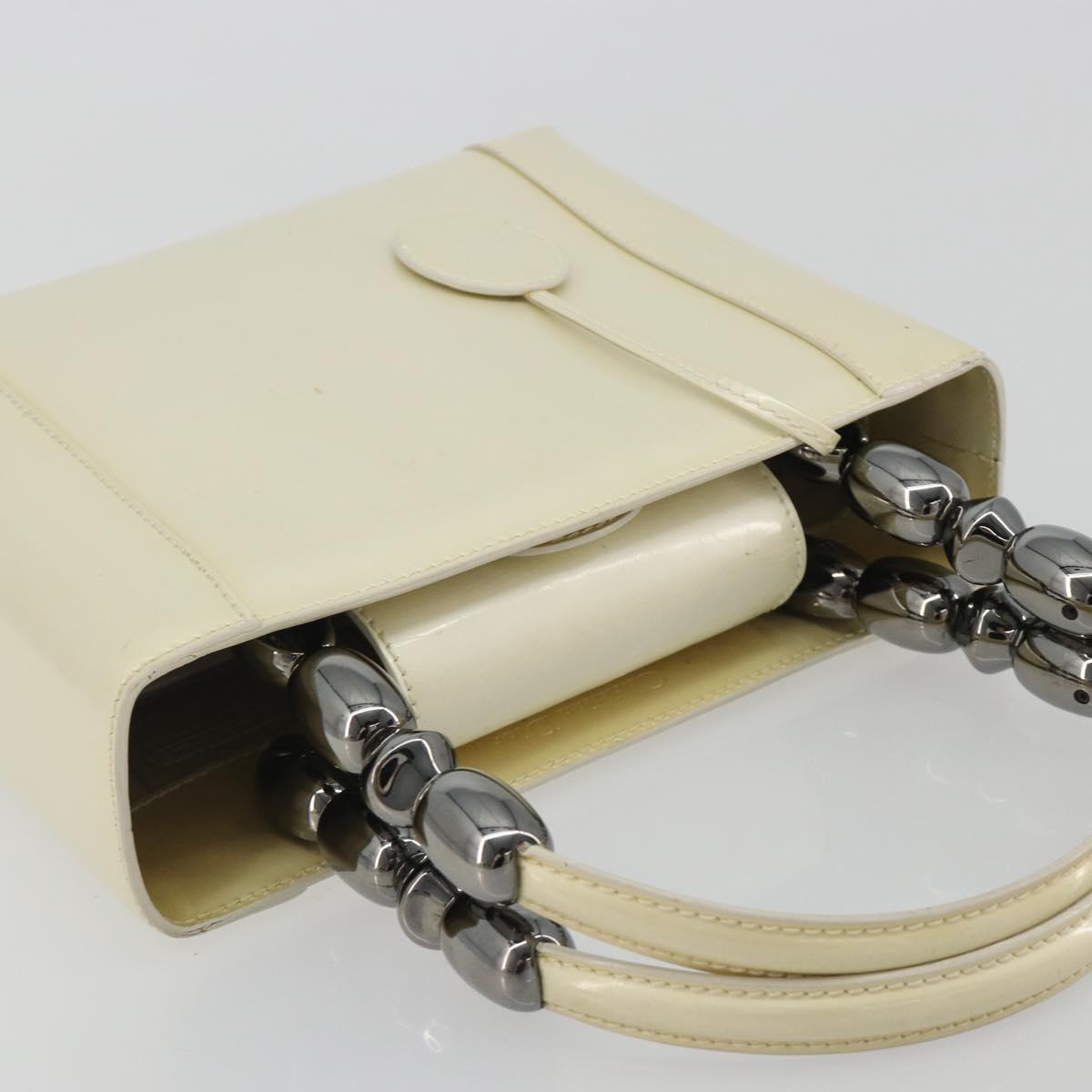 Christian Dior Maris Pearl Hand Bag Patent leather White Silver Auth 193129A