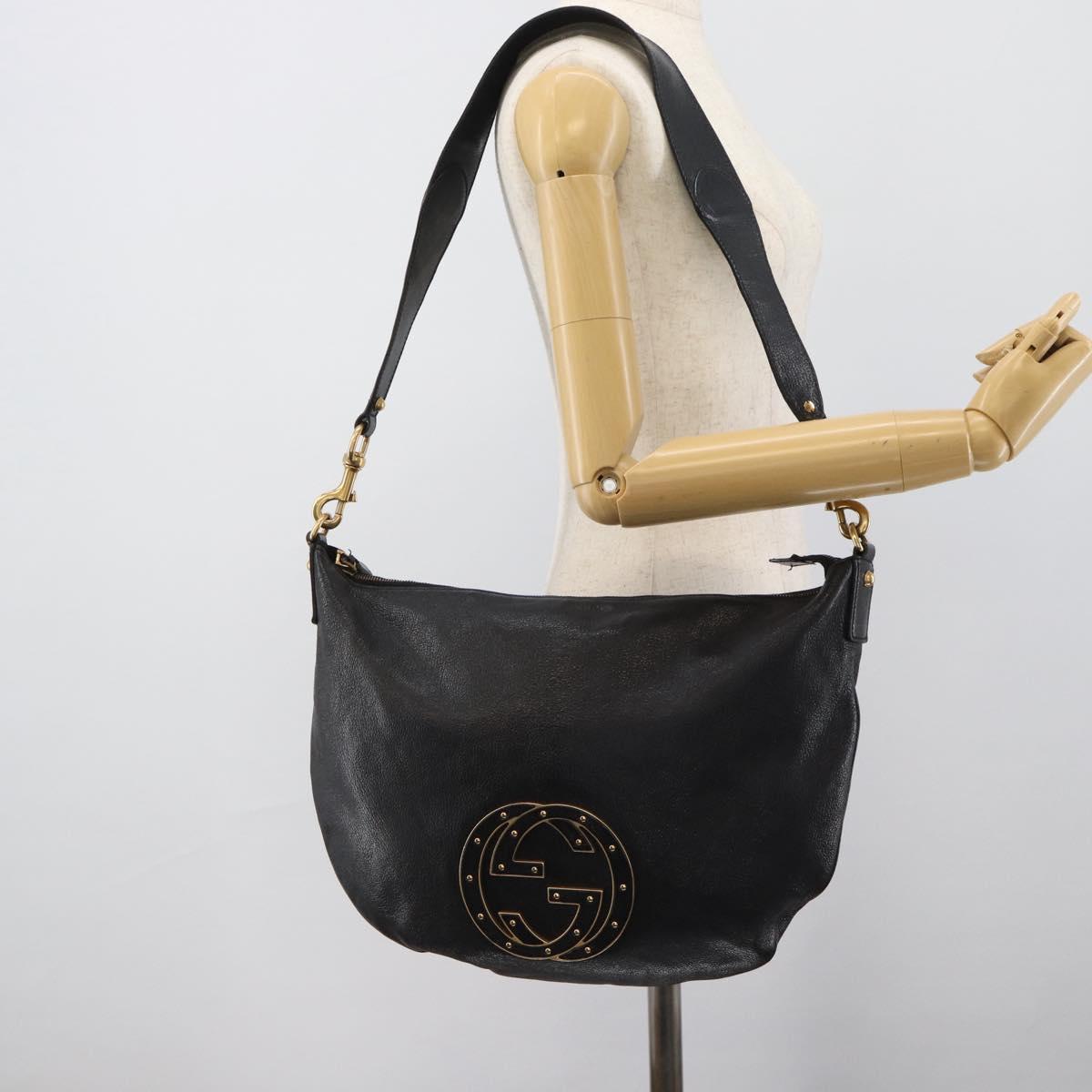 GUCCI Interlocking G Shoulder Bag Leather Black Gold 121546 Auth 193135V