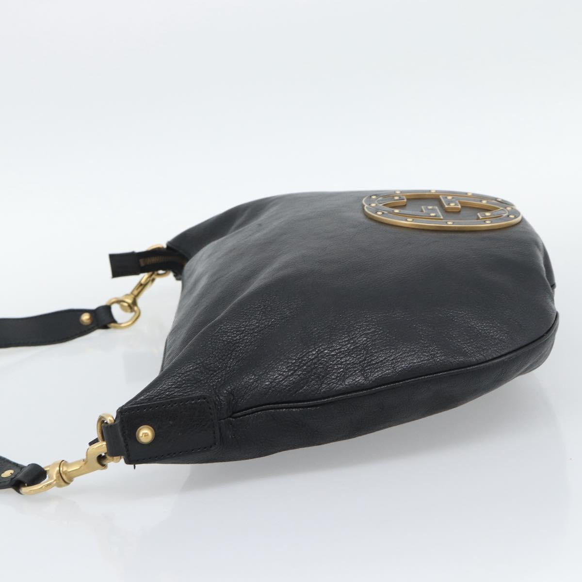 GUCCI Interlocking G Shoulder Bag Leather Black Gold 121546 Auth 193135V