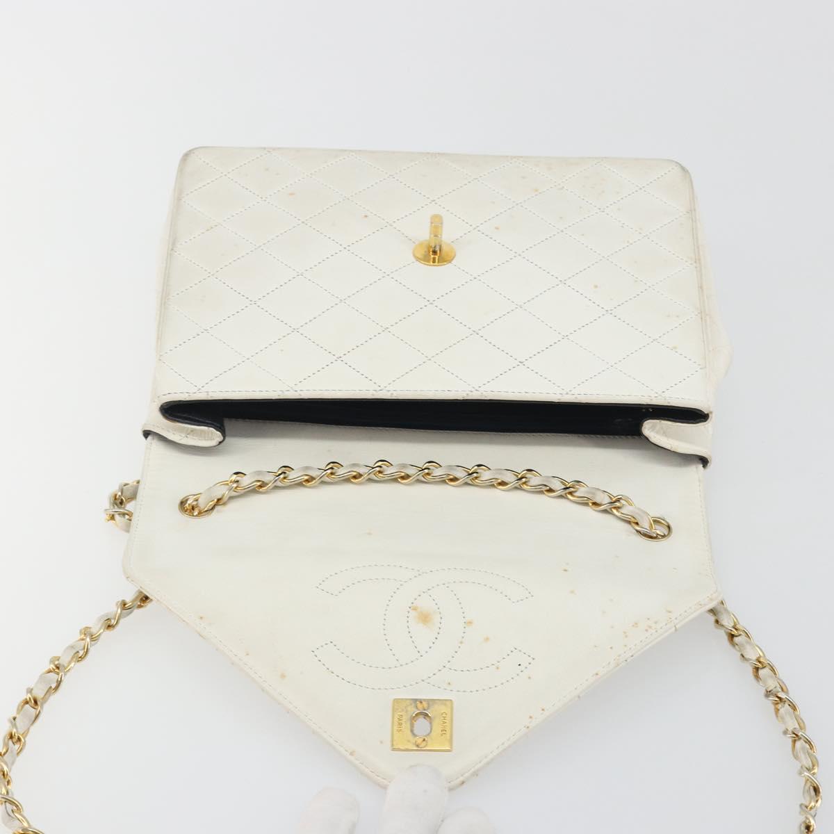 CHANEL Matelasse Chain Shoulder Bag Lamb Skin White Gold CC Auth 193136