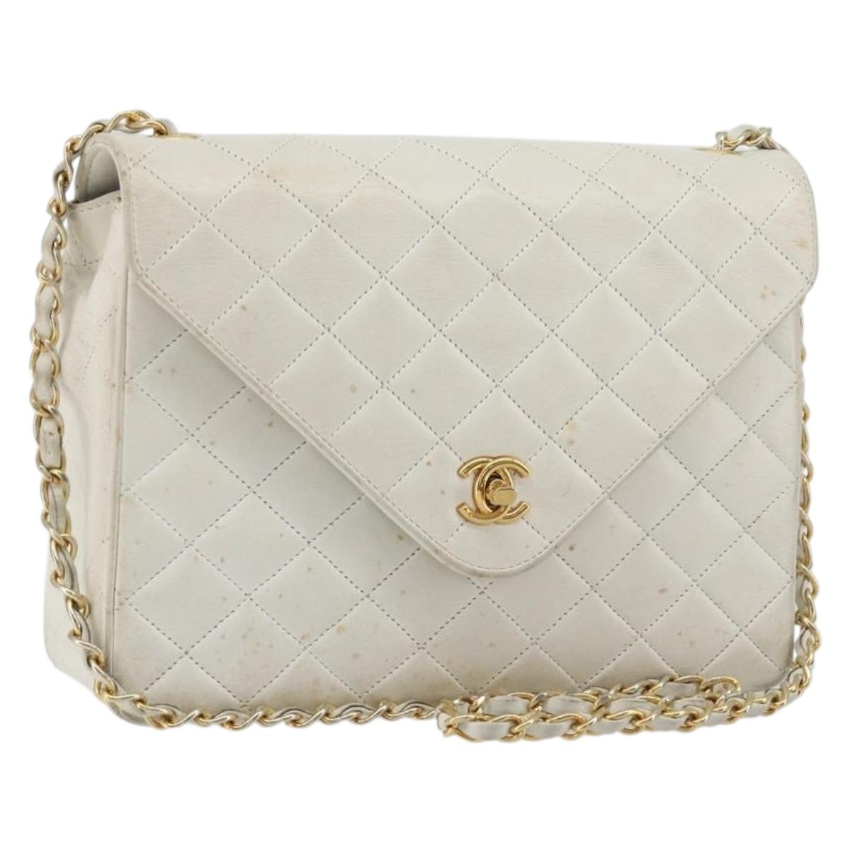 CHANEL Matelasse Chain Shoulder Bag Lamb Skin White Gold CC Auth 193136