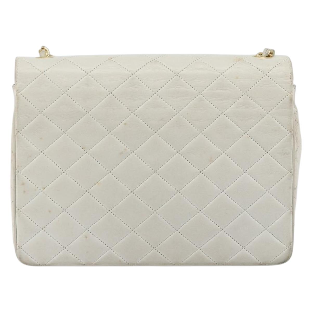CHANEL Matelasse Chain Shoulder Bag Lamb Skin White Gold CC Auth 193136