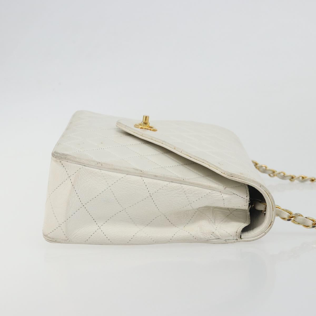 CHANEL Matelasse Chain Shoulder Bag Lamb Skin White Gold CC Auth 193136