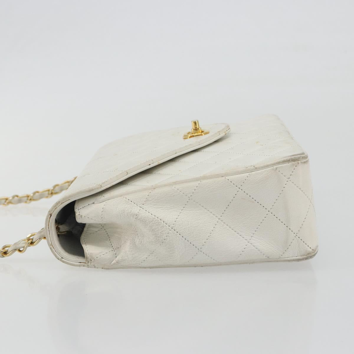 CHANEL Matelasse Chain Shoulder Bag Lamb Skin White Gold CC Auth 193136