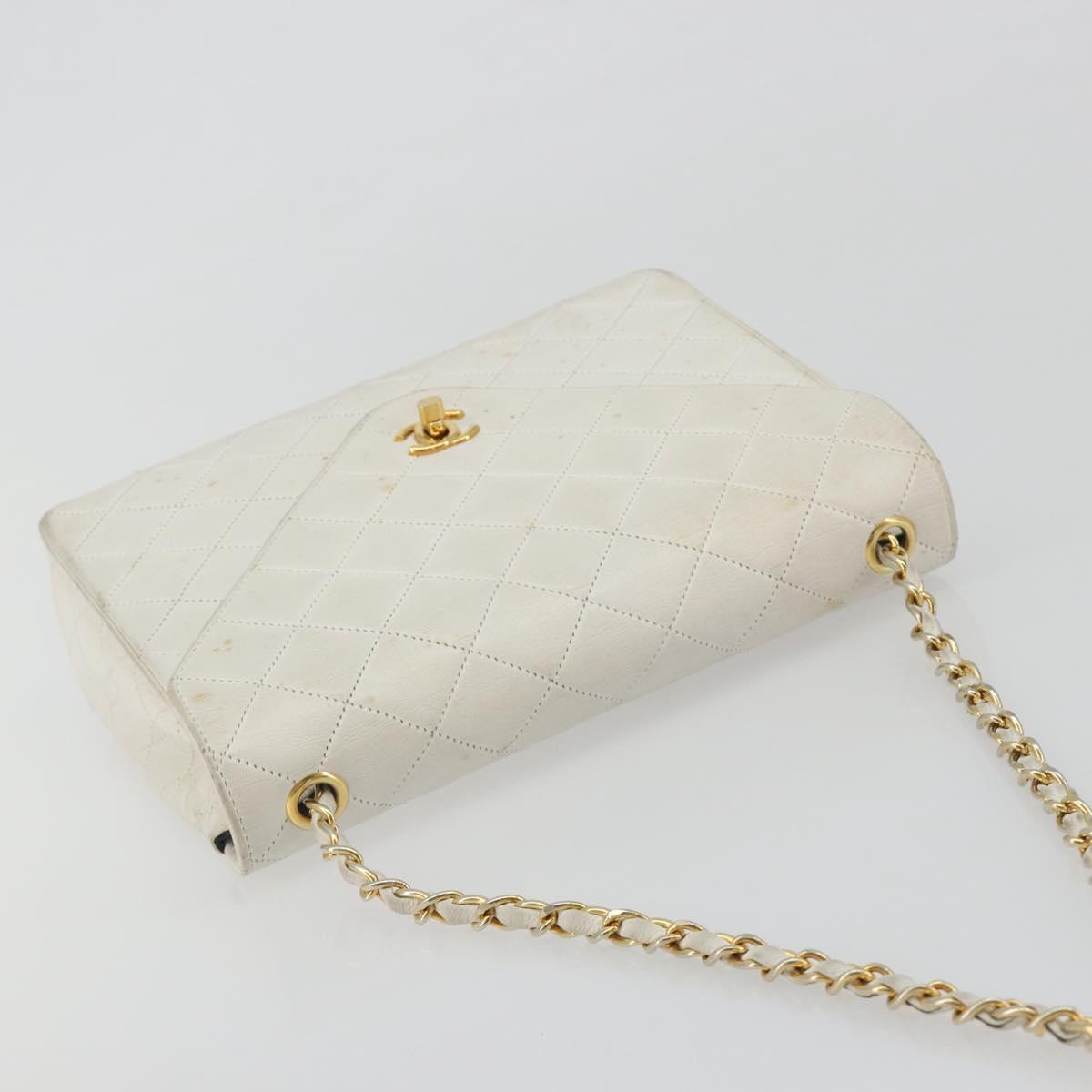 CHANEL Matelasse Chain Shoulder Bag Lamb Skin White Gold CC Auth 193136