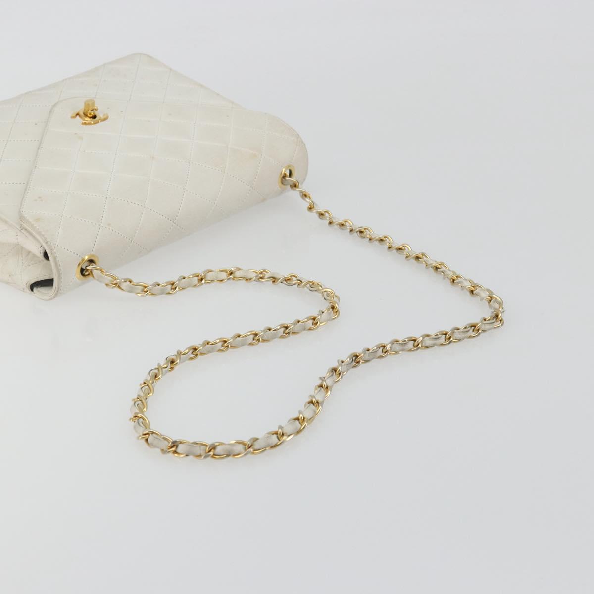 CHANEL Matelasse Chain Shoulder Bag Lamb Skin White Gold CC Auth 193136