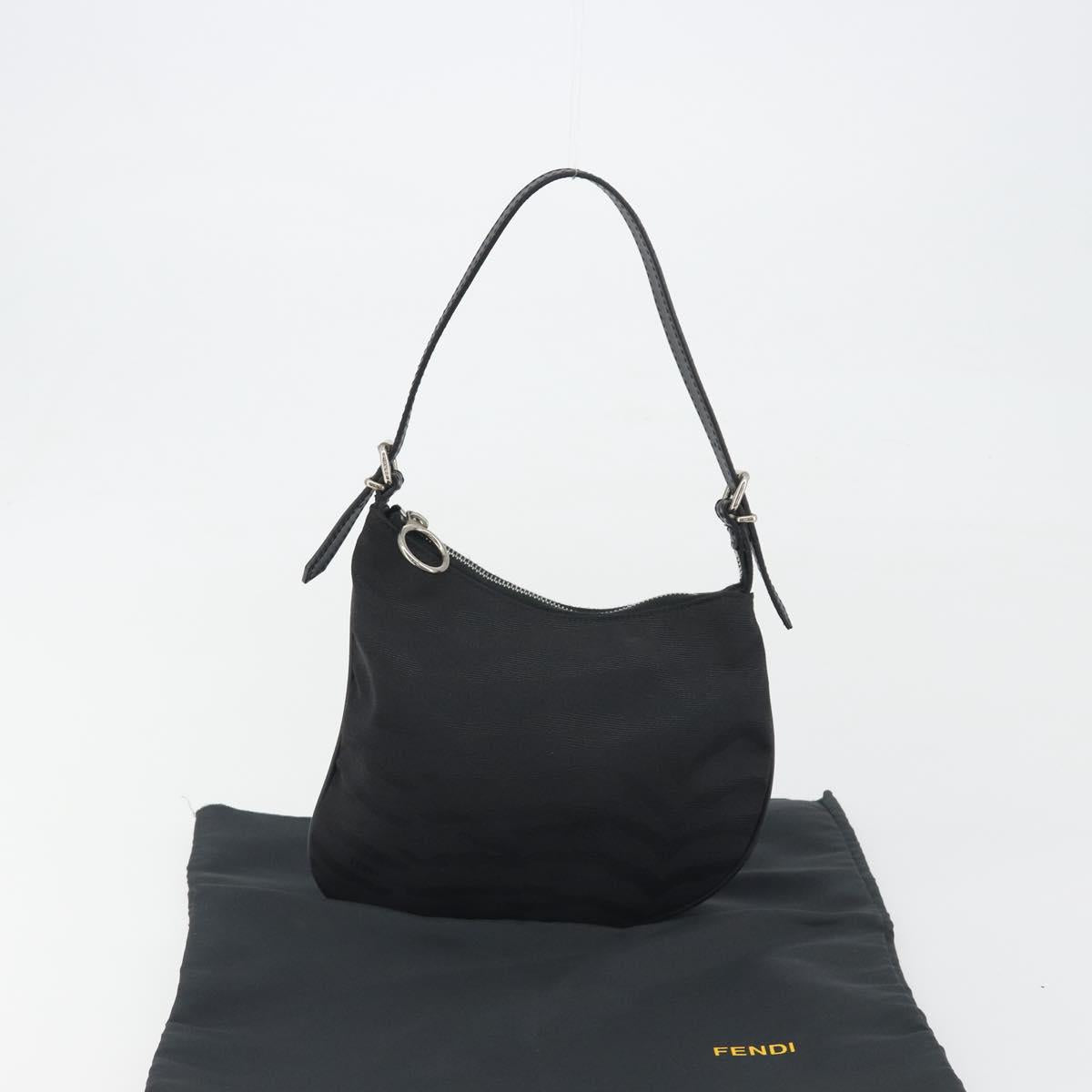FENDI Zucchino Canvas Shoulder Bag Dark Brown Silver Auth 193139V
