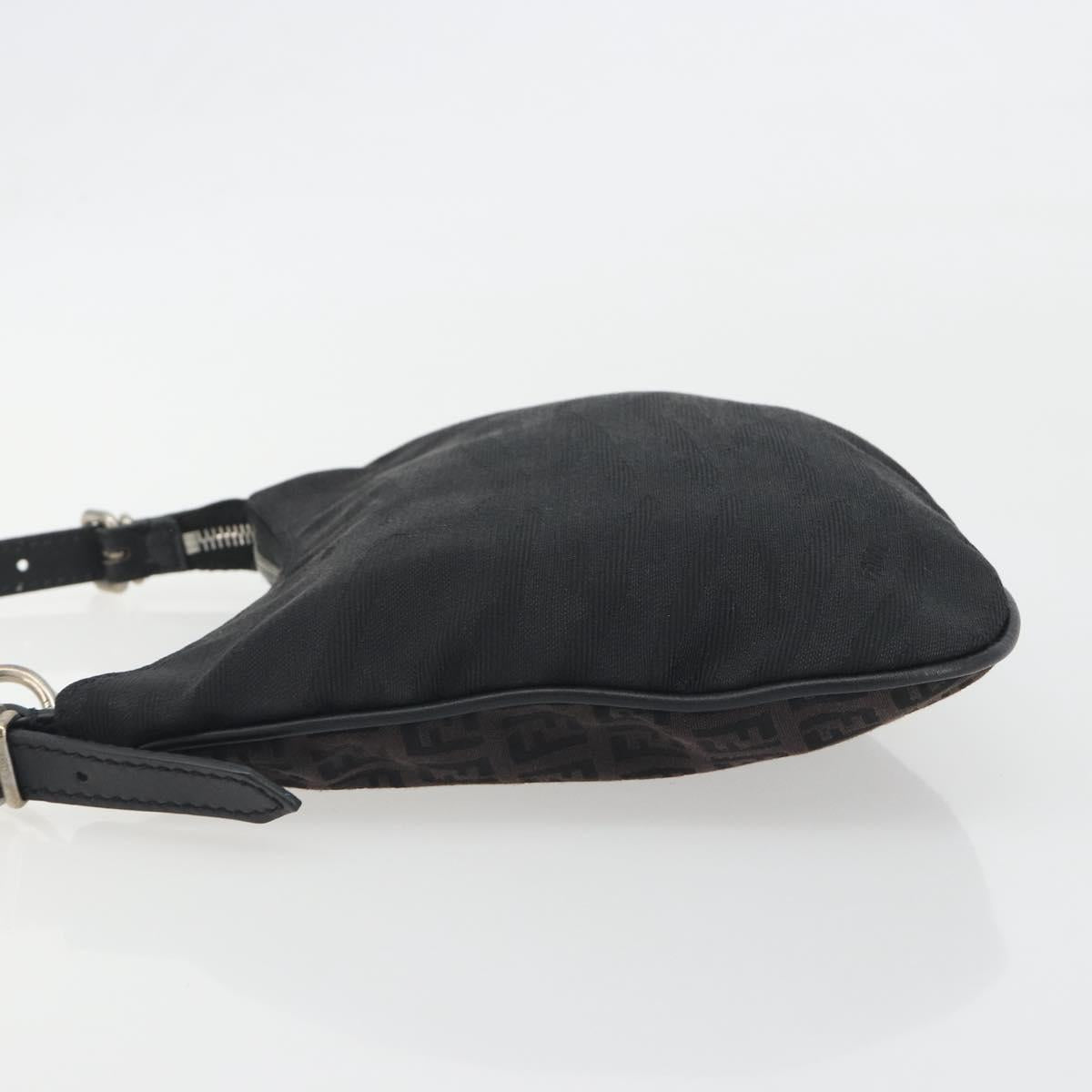 FENDI Zucchino Canvas Shoulder Bag Dark Brown Silver Auth 193139V