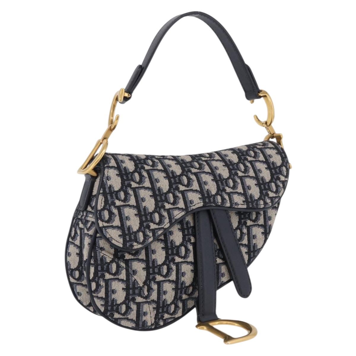 Christian Dior Trotter Canvas Saddle Hand Bag Navy Gold Auth 193142SM