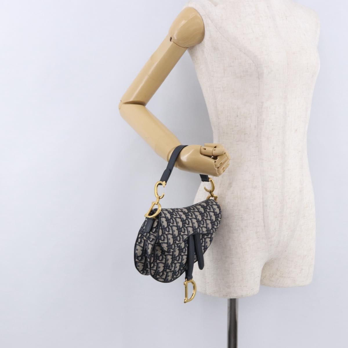Christian Dior Trotter Canvas Saddle Hand Bag Navy Gold Auth 193142SM