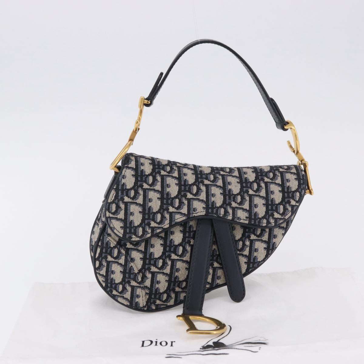 Christian Dior Trotter Canvas Saddle Hand Bag Navy Gold Auth 193142SM