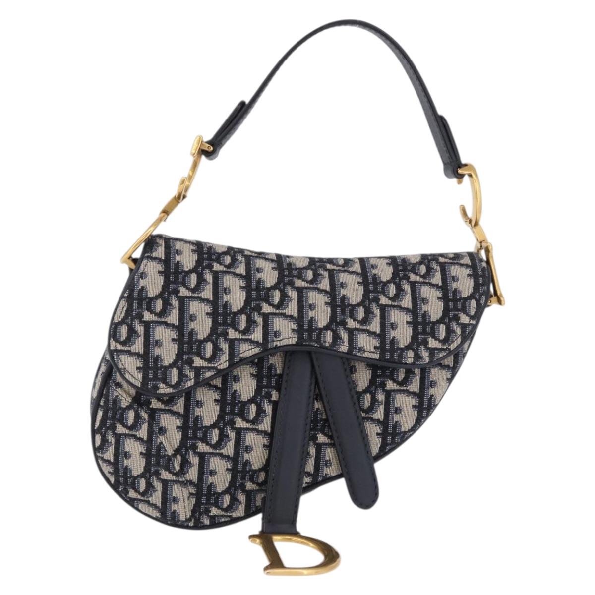 Christian Dior Trotter Canvas Saddle Hand Bag Navy Gold Auth 193142SM