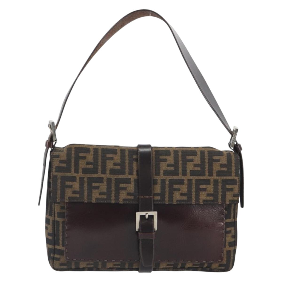 FENDI Zucca Canvas Shoulder Bag Brown Black Auth 193144V
