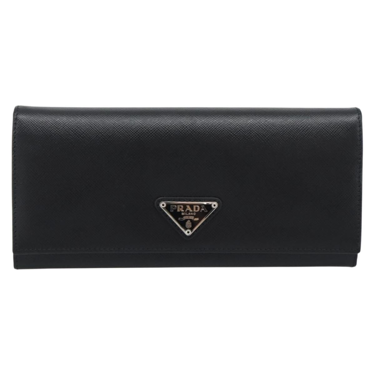 PRADA Long Wallet Saffiano leather Black Silver Auth 193158V