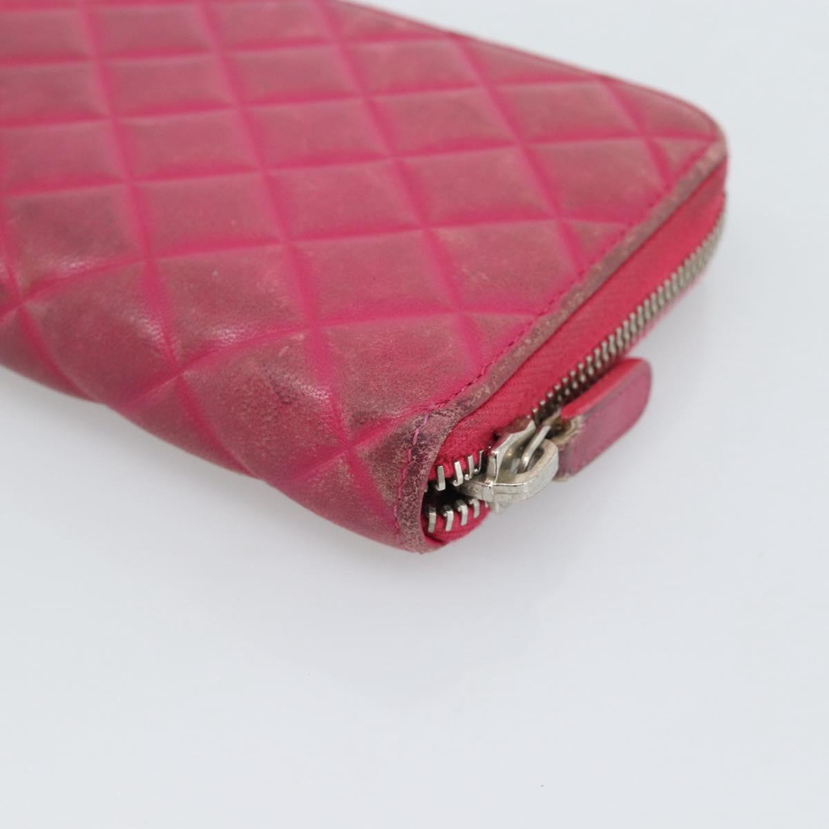 CHANEL Matelasse Long Wallet Lamb Skin Pink Silver CC Auth 193166