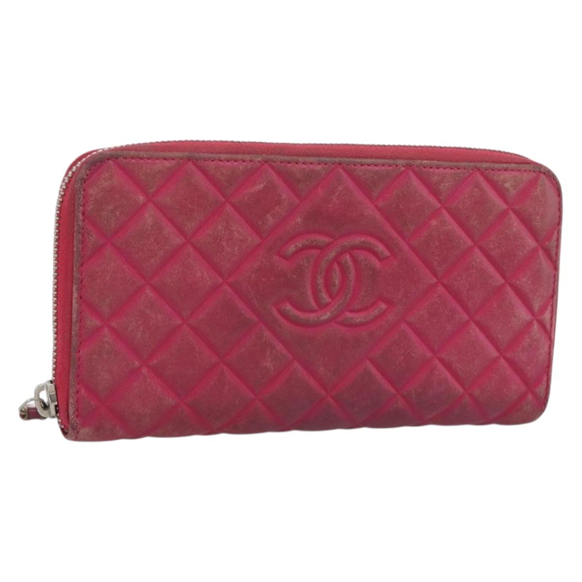 CHANEL Matelasse Long Wallet Lamb Skin Pink Silver CC Auth 193166