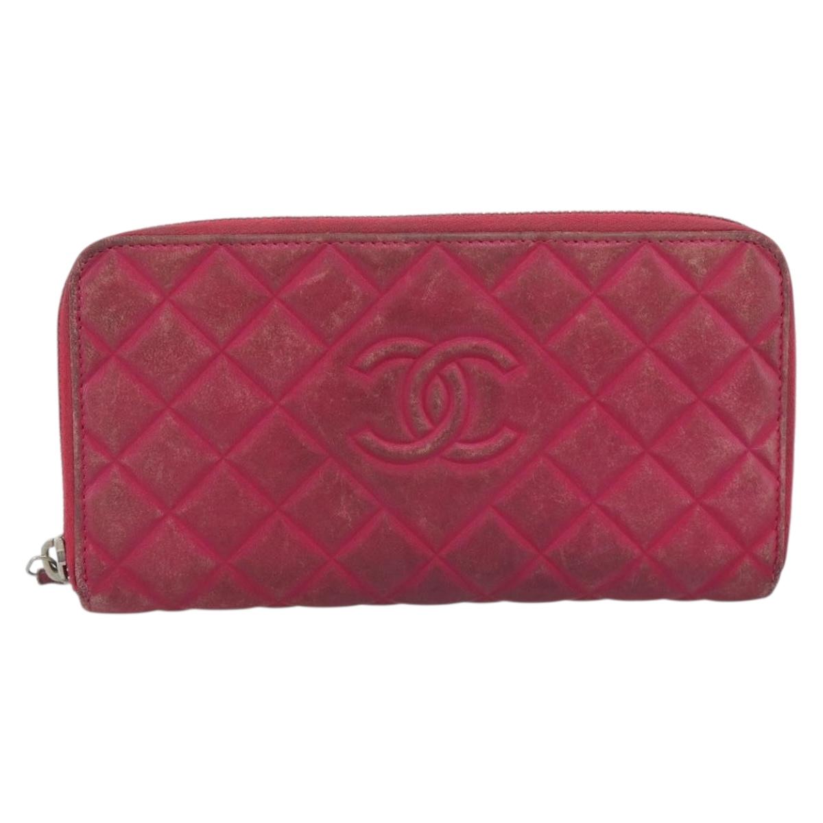 CHANEL Matelasse Long Wallet Lamb Skin Pink Silver CC Auth 193166