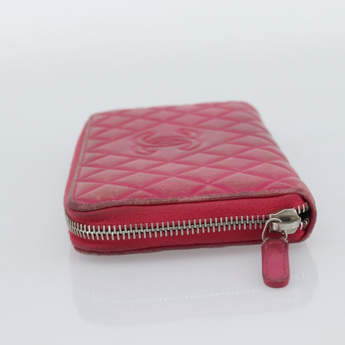 CHANEL Matelasse Long Wallet Lamb Skin Pink Silver CC Auth 193166