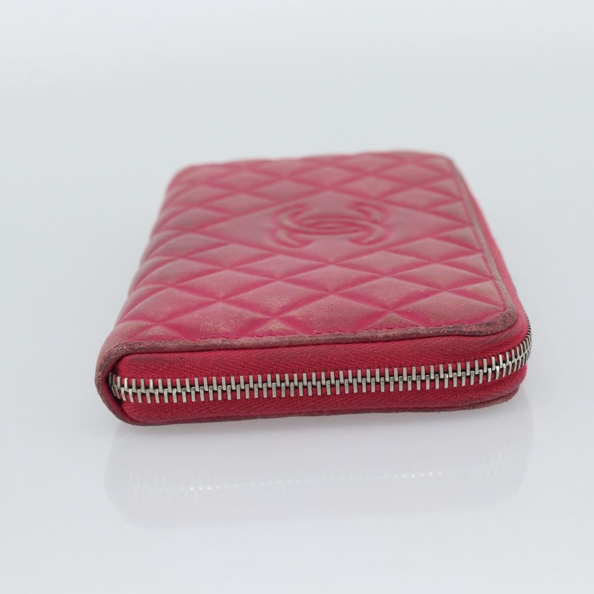 CHANEL Matelasse Long Wallet Lamb Skin Pink Silver CC Auth 193166