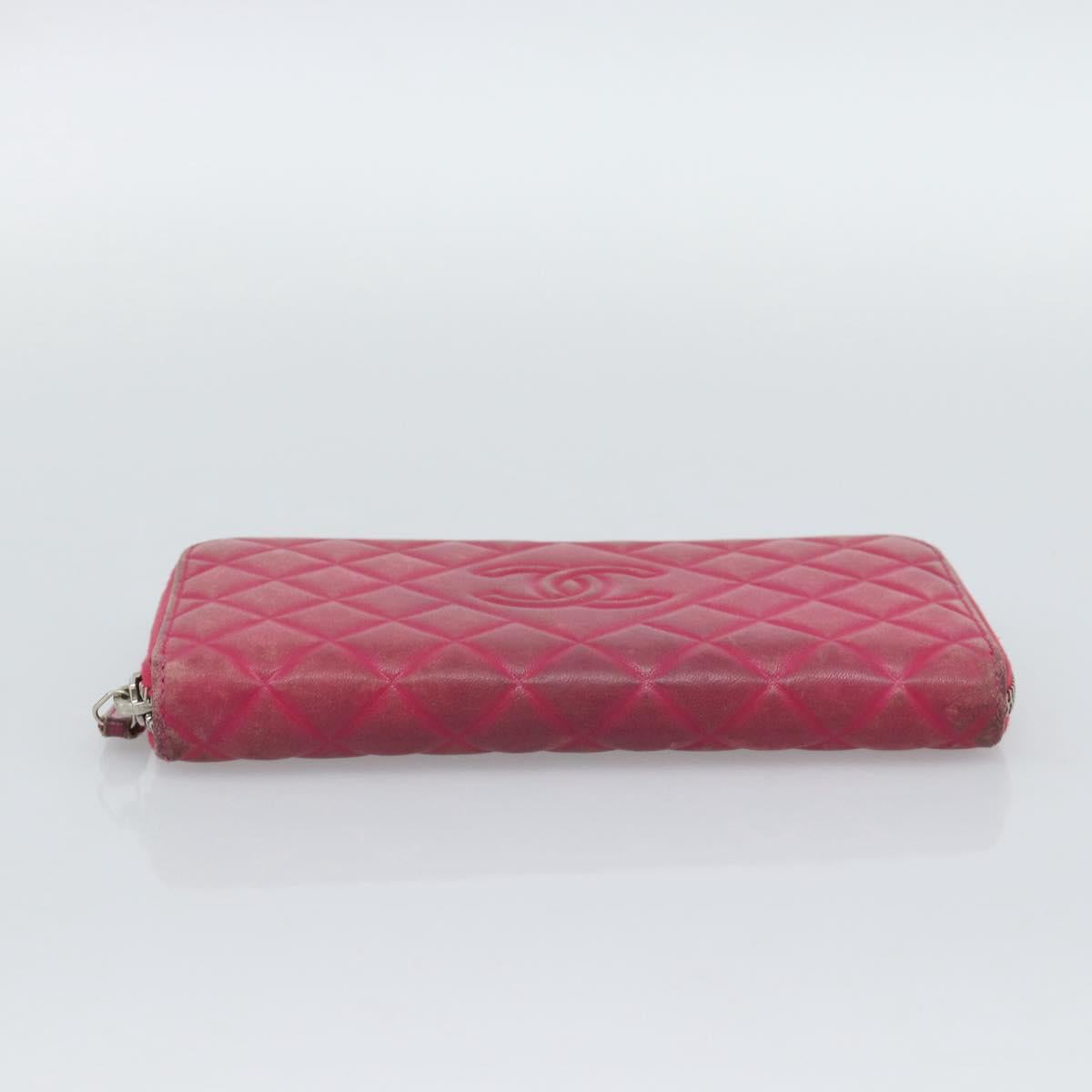 CHANEL Matelasse Long Wallet Lamb Skin Pink Silver CC Auth 193166