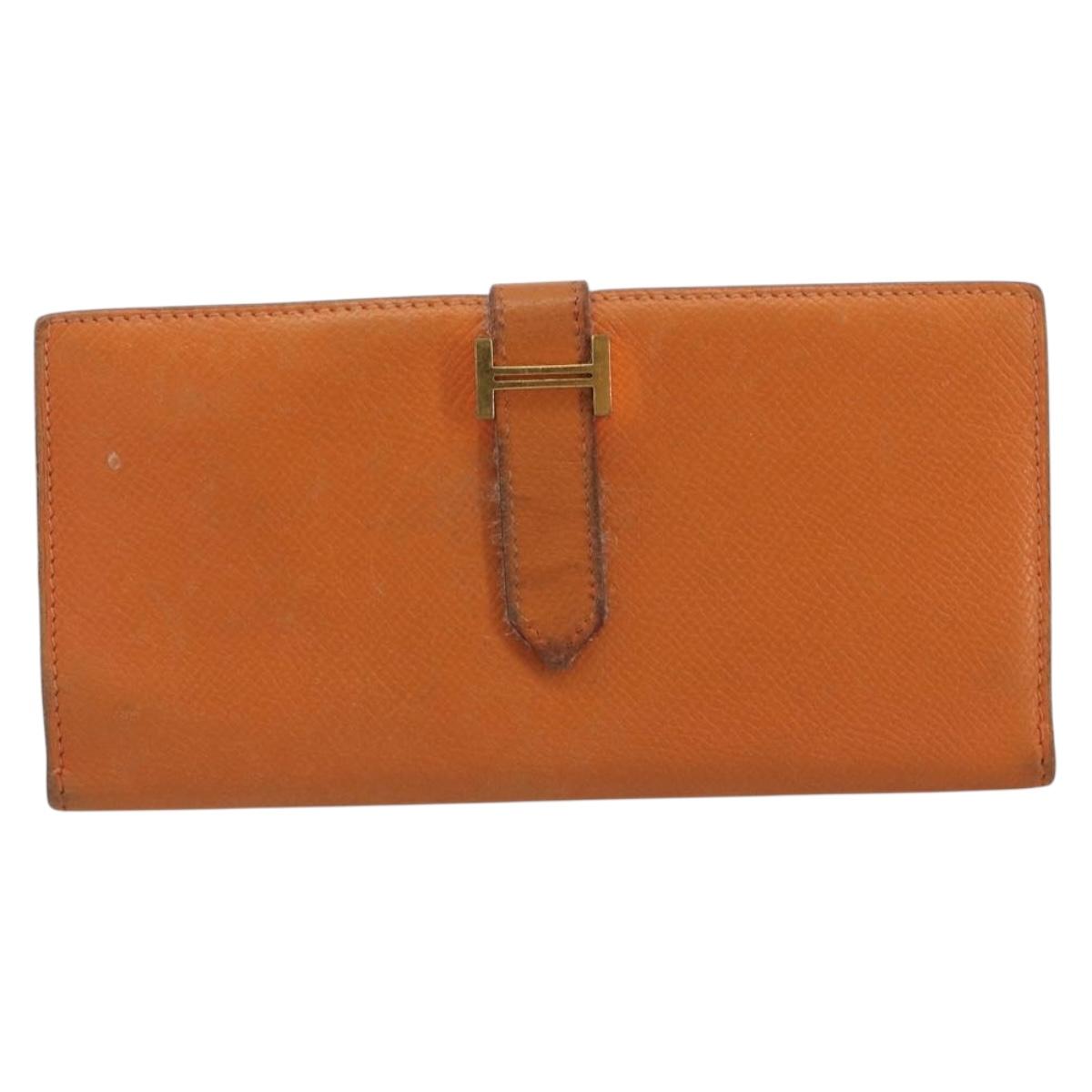 HERMES Bearn Dupri Long Wallet Leather Orange Gold Auth 193167