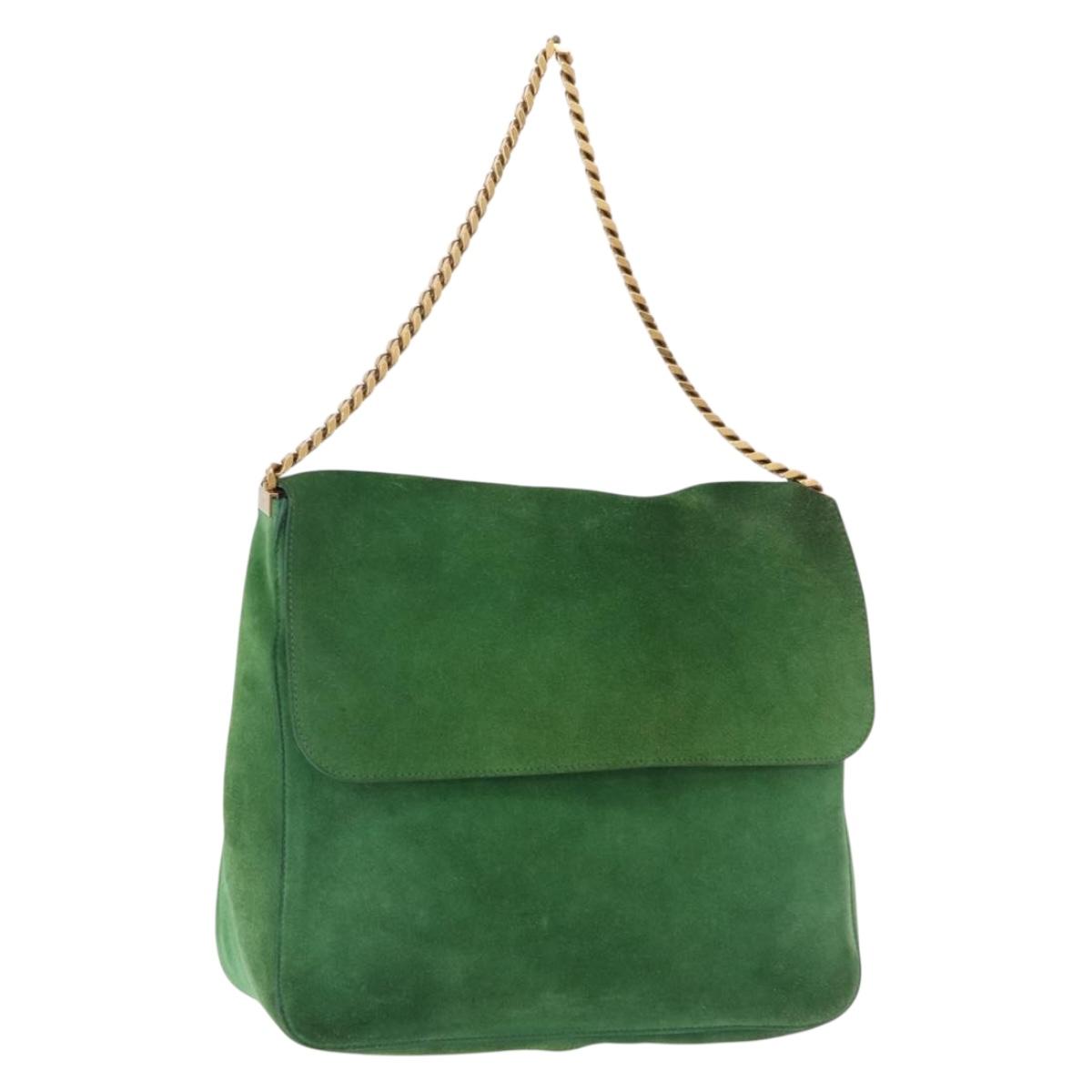 CELINE Chain Shoulder Bag Suede Green Gold Auth 193356A