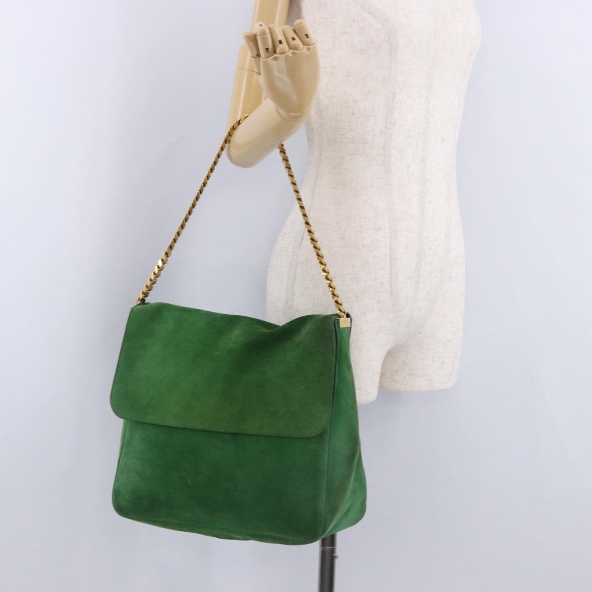 CELINE Chain Shoulder Bag Suede Green Gold Auth 193356A