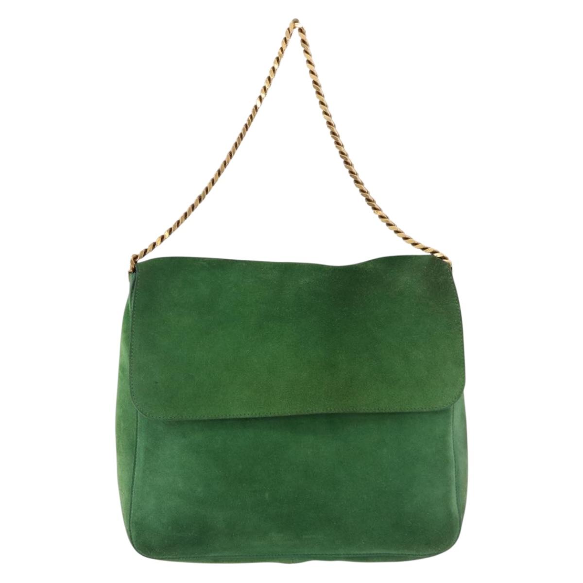 CELINE Chain Shoulder Bag Suede Green Gold Auth 193356A