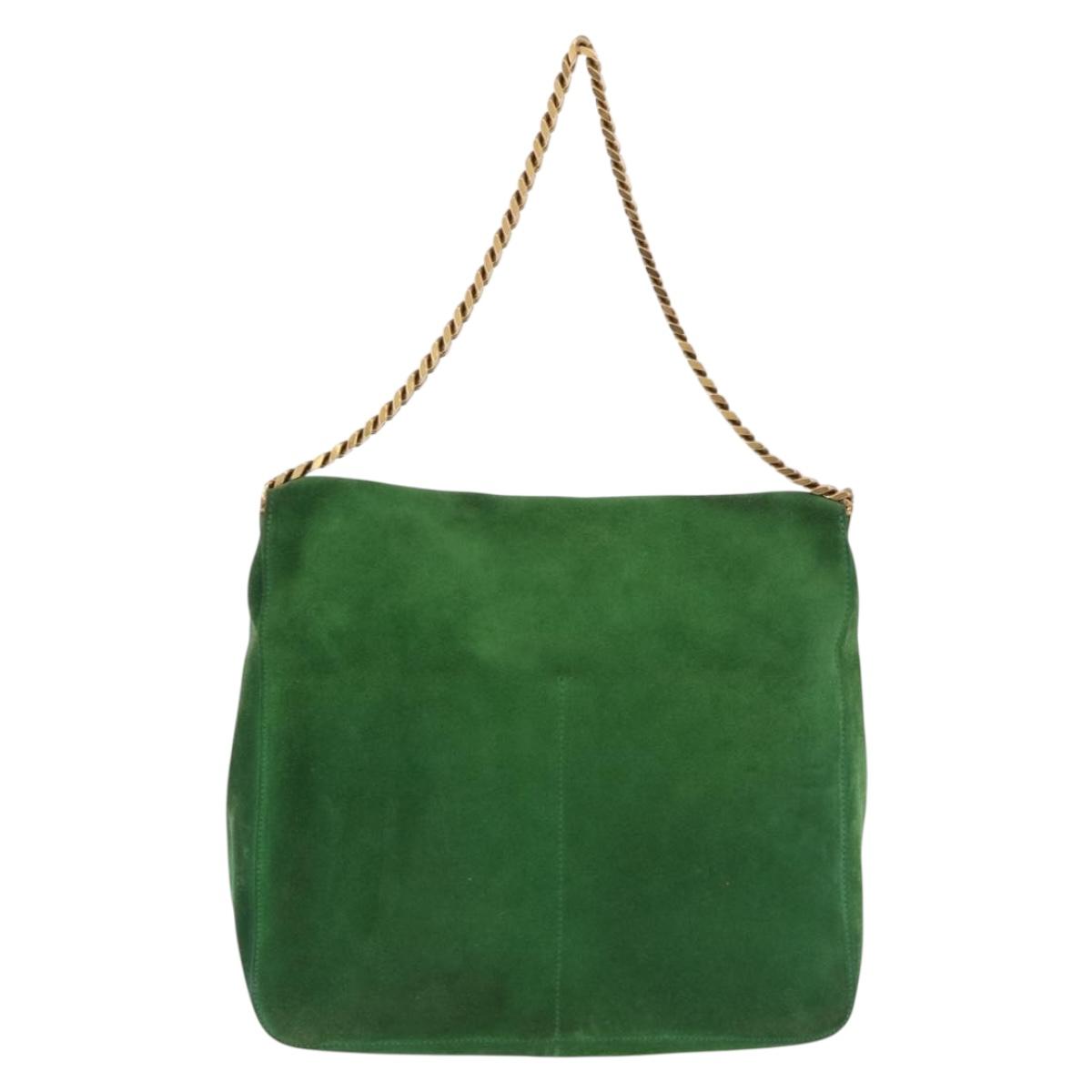 CELINE Chain Shoulder Bag Suede Green Gold Auth 193356A