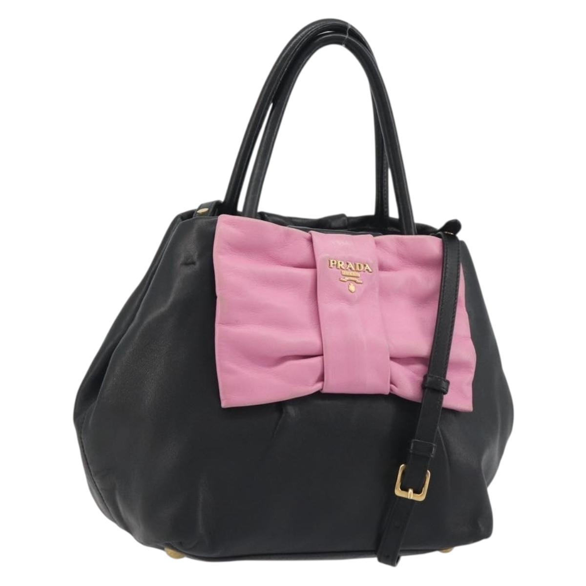 PRADA Ribbon Hand Bag Leather 2way Black Gold Auth 193358A