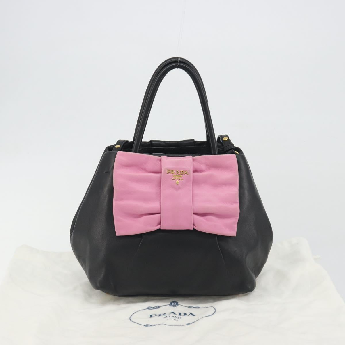 PRADA Ribbon Hand Bag Leather 2way Black Gold Auth 193358A