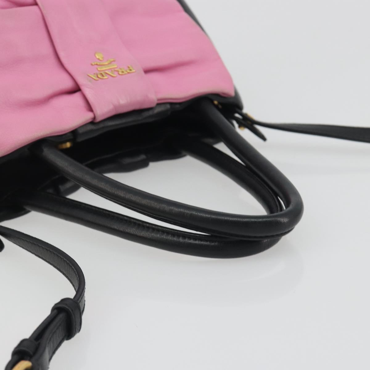 PRADA Ribbon Hand Bag Leather 2way Black Gold Auth 193358A
