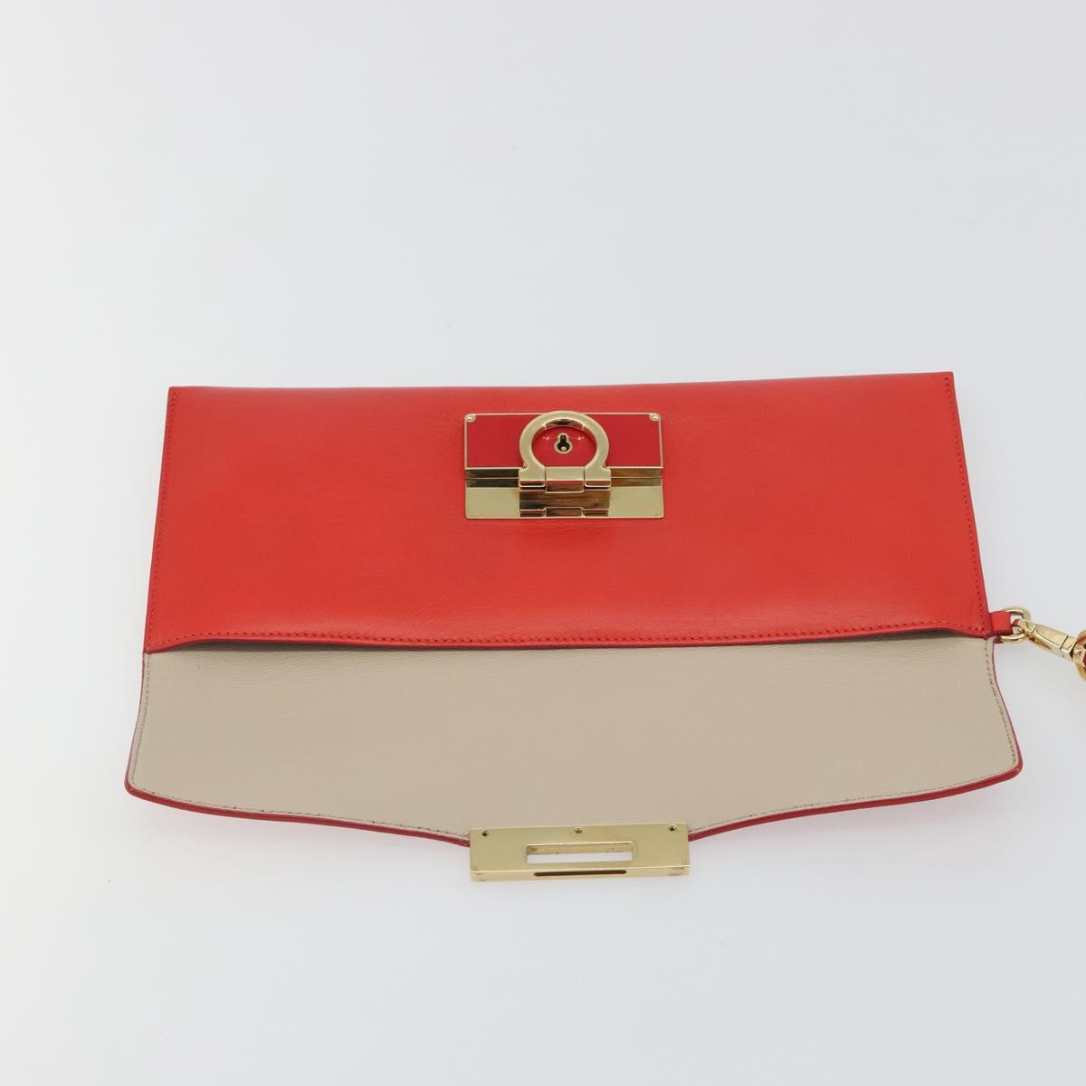 Salvatore Ferragamo Gancini Clutch Bag Leather Orange Gold Auth 193379V