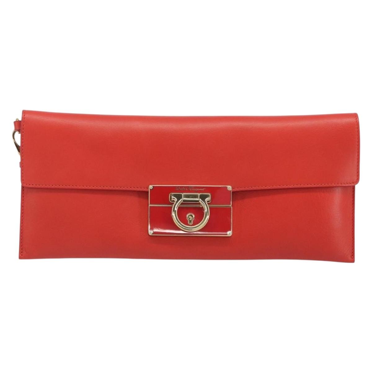 Salvatore Ferragamo Gancini Clutch Bag Leather Orange Gold Auth 193379V