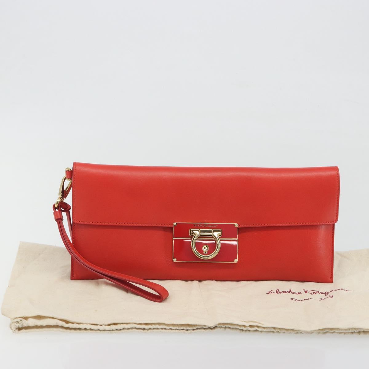 Salvatore Ferragamo Gancini Clutch Bag Leather Orange Gold Auth 193379V