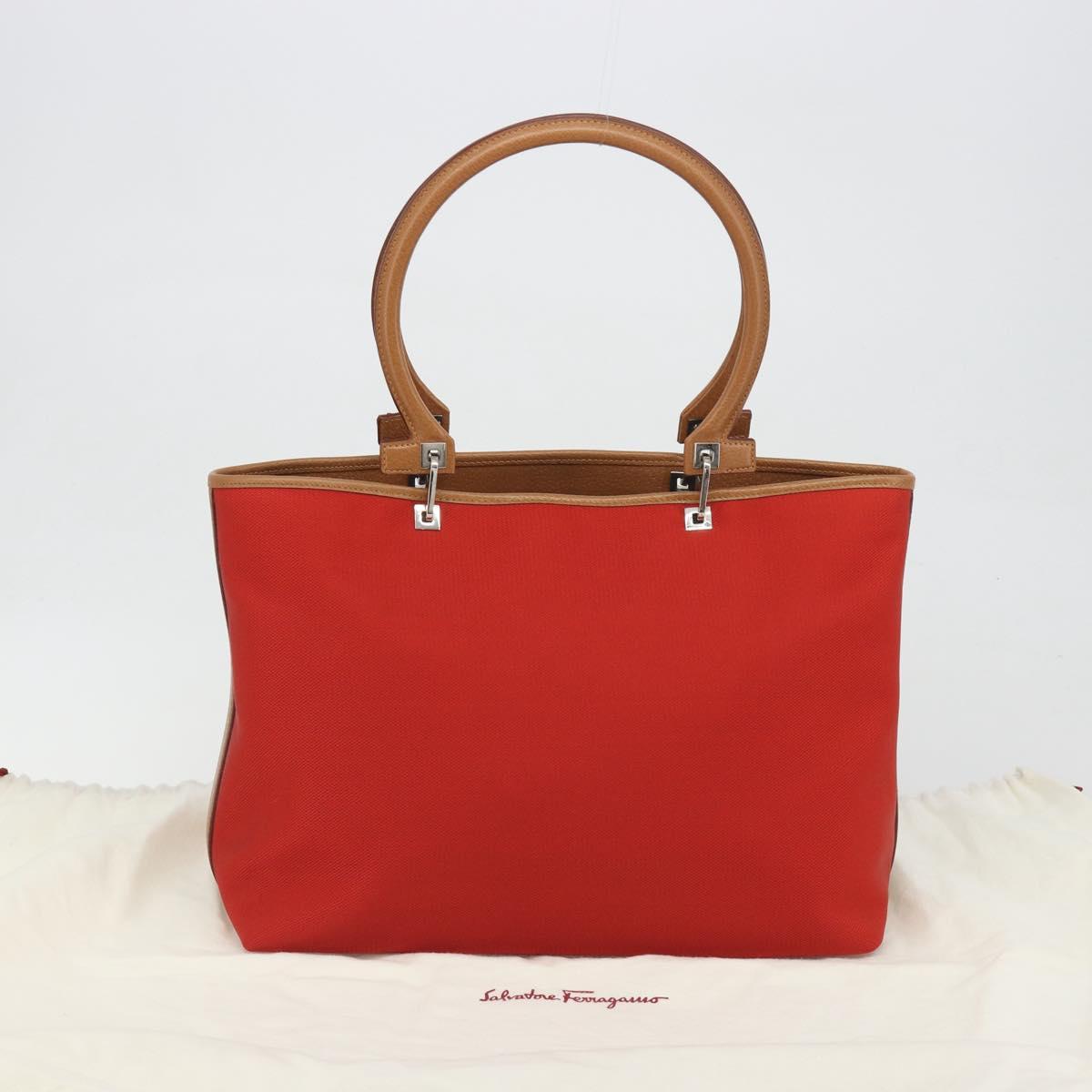 Salvatore Ferragamo Gancini Tote Bag Canvas Red Silver Auth 193384V