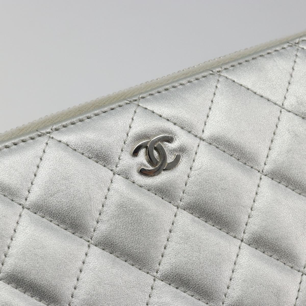 CHANEL Matelasse Long Wallet Lamb Skin Silver CC Auth 193392A